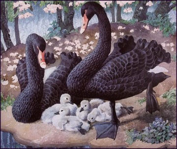 monochrome black white Painting - Black Swan Family birds